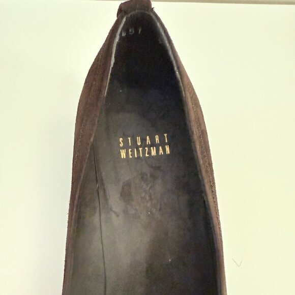 STUART WEITZMAN Women’s 9 Dark Brown Suede Pleated Gold Bow Wedge Heel Shoes - Picture 15 of 16